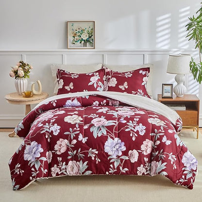 Joyreap 3pcs Floral Comforter Set Full/Queen, Blue n Pink Flowers on Burgundy Red Design, Microfiber Lightweight Christmas Bedding Comforter Set for All Season