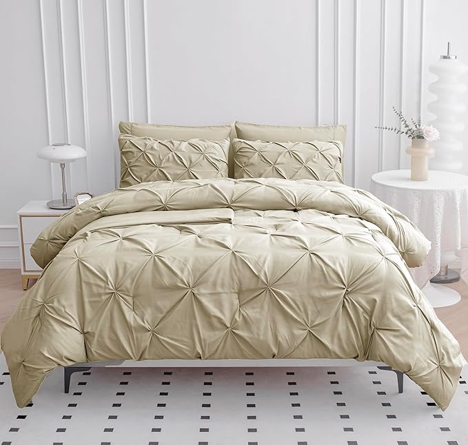 LANE LINEN Full Size Bed in a Bag Comforter - Set of 7 Piece - All-Season Luxury Down Alternative - Classic Pintuck All in One Bedding Collection - Ideal Bedding for Apartments & First Homes – Linen | Timeless style, Breathable comfort, Light cozy fill...