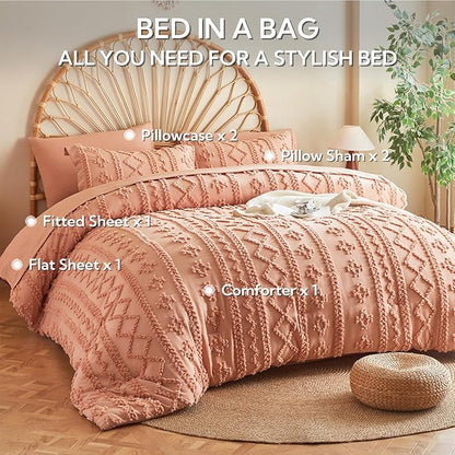 MR&HM King Size Comforter Set Coral Pink, 7 Pieces Tufted Boho Beddding Sets, Farmhouse Style Bed in a Bag with 1 Comforter, 2 Pillow Shams, 2 Pillowcases, 1 Flat Sheet, 1 Fitted Sheet for All Seasons