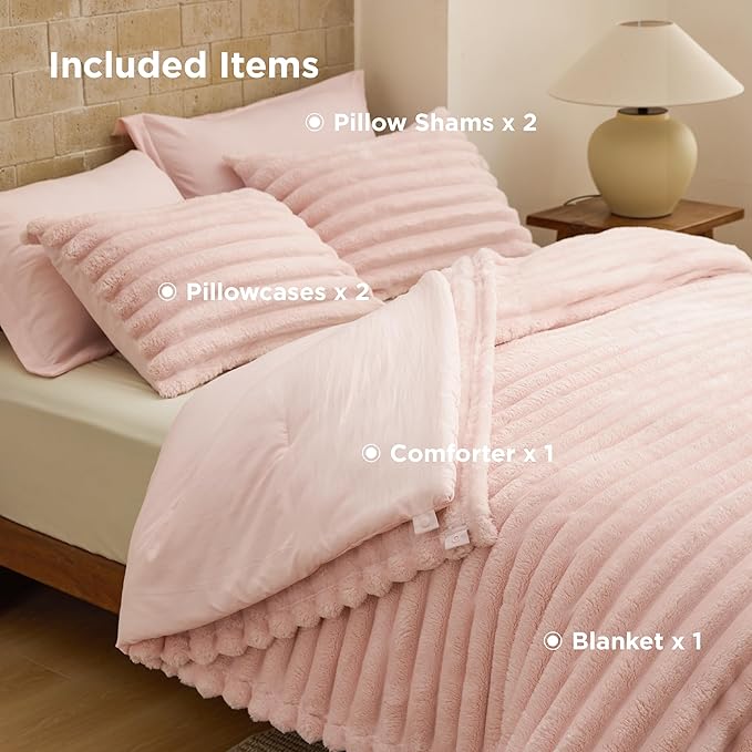 Bedsure Gentlesoft™ 2-in-1 Full Comforter Set and Detachable Fluffy Blanket, Pink Bedding Set for All Season Use, SnapTech Design for Space Saving (Includes 2 Pillow Shams, 2 Pillowcases)