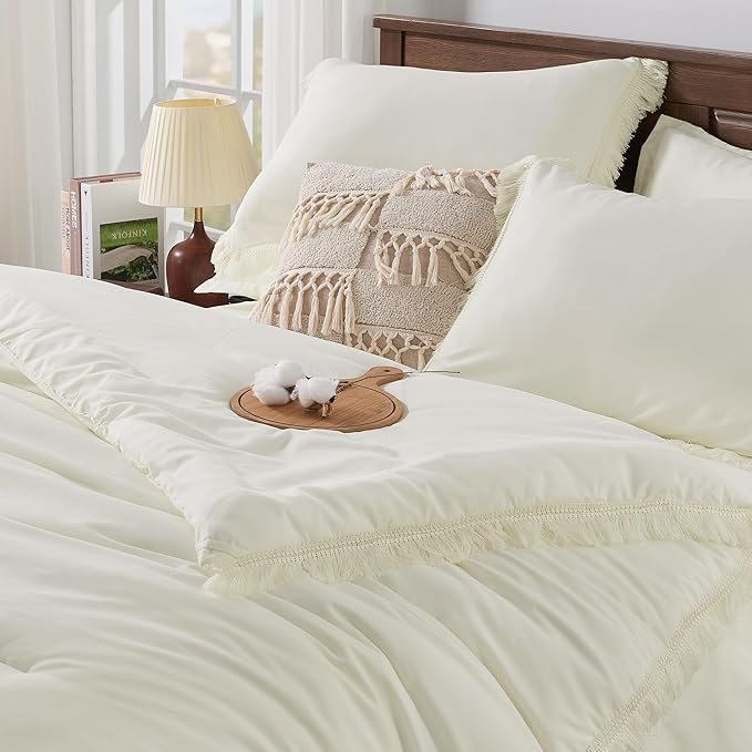 Andency Oversized King Comforter Set with Sheets 128x120 Ivory - 7 Pieces Bed in a Bag Boho Soft Lightweight Bedding Sets, Tassel Bed Set with Comforter, Sheets, Pillowcases & Shams