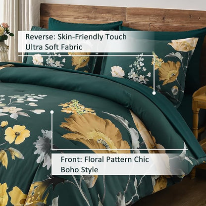 DJY Floral Comforter Set Queen Size 7 Pieces Teal Green Floral Bed in a Bag with Flower Leaves Pattern, Soft Microfiber Botanical Comforter and Sheet Set All Season Bedding Set(90''x90'')