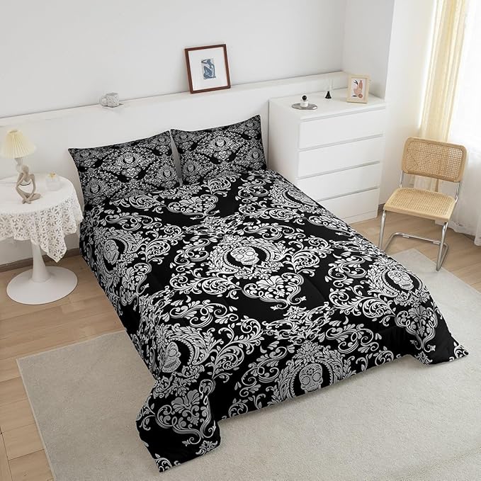 Feelyou Adults White Vintage Damask Floral Comforter Set Oriental Antique Comforter Twin Size Gothic Bohemia Boho Bedding Set Exotic Sugar Skull Duvet Set Quilt Set 2Pcs