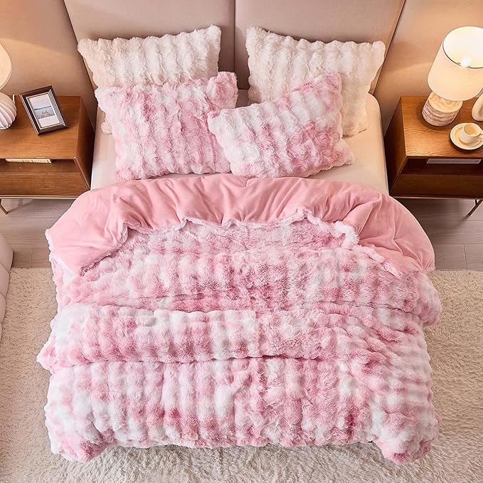 Twin Faux Rabbit Fur Comforter Set - 3 Pieces Fluffy Bedding Set Ultra Soft Warm Shaggy Plush Winter Flannel Bedding Set for Girls Women, Skin Friendly Sherpa Comforter Bed Set & 2 Pillow Shams Pink