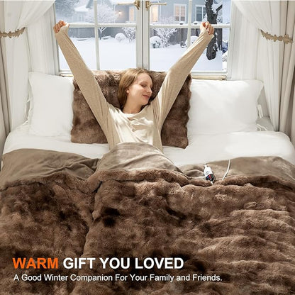 Faux Fur Full Size Heated Blanket 72"X84" - Bubble Faux Fur Electric Blanket Fluffy Soft Fuzzy with 6 Fast Heating Levels & 10 hrs Timer Settings, Washable & ETL Certified for Bed, Tie-Dye Brown