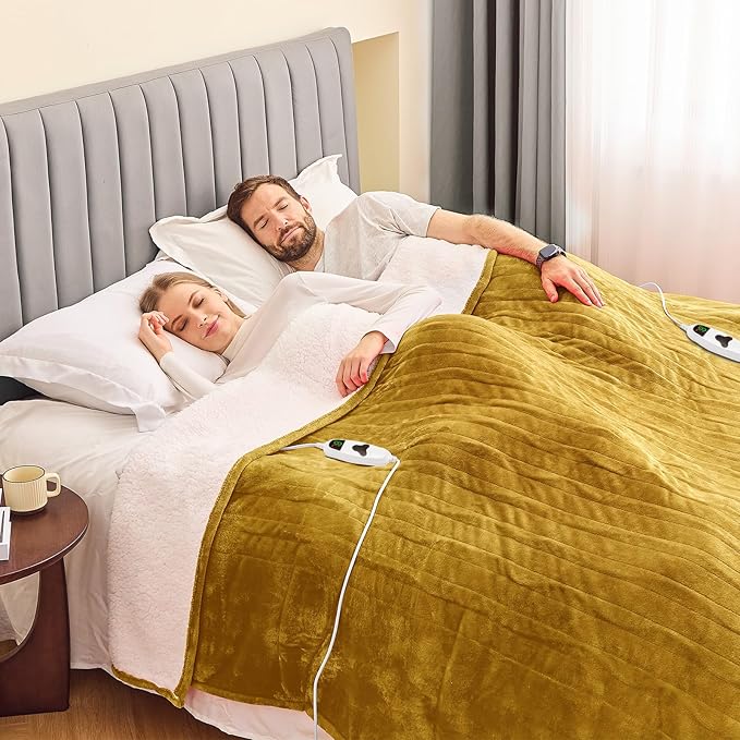 greenoak Heated Blanket Electric King Size 100"X90" Dual Control, Heating Blankets with 10 Levels 8 Hours Auto-Off, Soft Flannel House Warming Gifts for Grandma Seniors Mom, Brownish Yellow