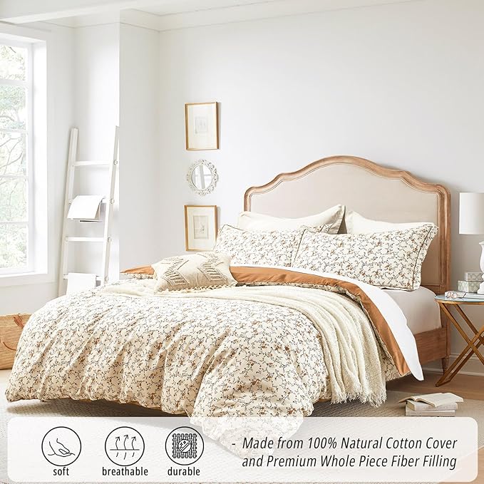 Burnt Orange Floral Cotton Comforter King Size - Delicate Tiny Flowers and Gray Branches on White, Textured Rust Back, 3PC Luxurious Lightweight Bedding Set with Ultra-Soft Alternative Fill