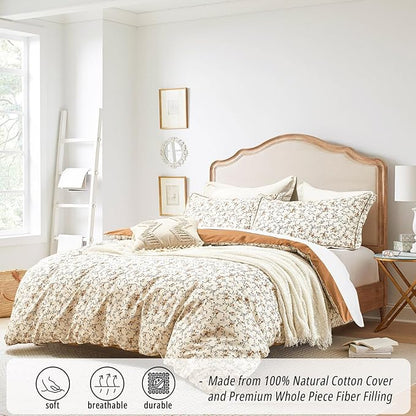 Burnt Orange Floral Cotton Comforter King Size - Delicate Tiny Flowers and Gray Branches on White, Textured Rust Back, 3PC Luxurious Lightweight Bedding Set with Ultra-Soft Alternative Fill