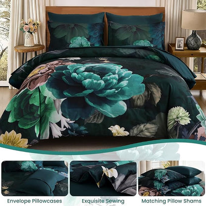 WONGS BEDDING Floral Comforter Set Queen Size, 7 Pieces Teal Bed in a Bag Comforter Bedding Set, Soft Microfiber for All Season with Pillowcases & Shams,Sheets(90"×90")