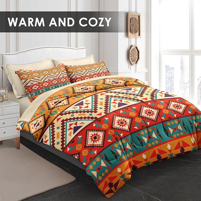 Comforter Set Twin Size, Colorful Tribal Mexico 5 Pcs Bedding for Kids and Adults, Mexican Aztec Sun Bed Sheet Sets with Fitted Sheet Pillowcase & Sham for Bedroom Bed Decor