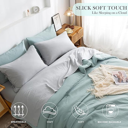 OTTEBED Ultra-Soft Queen Comforter Set with Sheets - Boho 7 Piece Bed in a Bag Lightweight All Season Use, Aesthetic Washed PolyCotton QUEEN Sage Green Comforter with Grey Bedding Sheet Set Pillowcase
