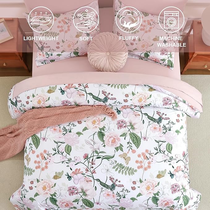 Anibedding 7Pieces Floral King Size Comforter Set, Garden Plant Style Bed in a Bag Pink Flower Bedding Comforter Set with Pillow Case for Bedroom