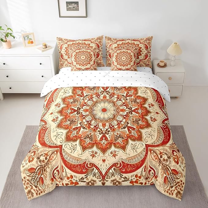 Oriental Floral Queen Size Comforter Set Vintage Flower Bedding Comforter Sets for Teens Adults, Art Deco Medallion Bed in a Bag 7pcs Retro Aesthetic Bedding Set, Boho Paisley Bed Set Lightweight