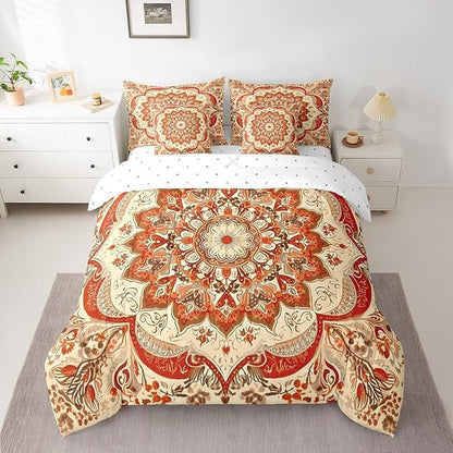 Oriental Floral Comforter Set Vintage Flower Bedding Comforter Sets for Teens Adults, Art Deco Medallion Bed in a Bag Retro Aesthetic Bedding King 7pcs, Boho Paisley Bedding Accessories Lightweight