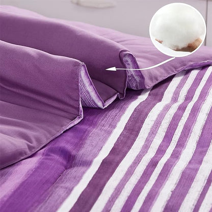 KAKIJUMN 5 Piece Bed in a Bag Stripe Comforter Set Twin Size, White and Purple Patchwork Striped Comforter and Sheet Set, All Season Soft Microfiber Complete Bedding Sets(Purple,Twin)