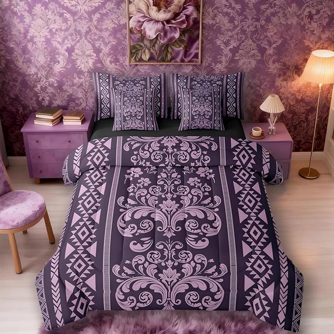 Comforter Set Full Size, Lilac Aztec Damask 7 Pcs Bedding for Kids and Adults, Victorian Decor Western Baroque Goth Bed Sheet Sets with Fitted Sheet 2 Pillowcases & 2 Shams for Bedroom Bed Decor