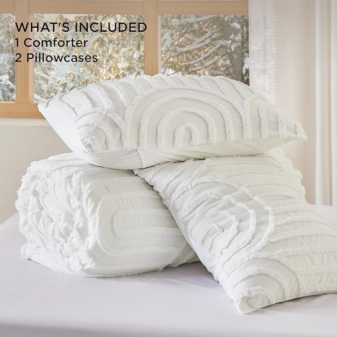 Bedsure Boho Tufted White Comforter King Size, GentleSoft™ 3 Pieces Boho Farmhouse Decor Bedding, Arch Shabby Chic Bedding for All Seasons, 1 Bed Comforter, 2 Pillow Shams, 104x90 Inches