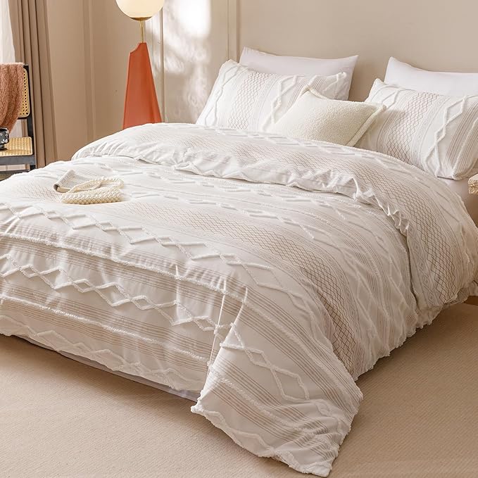 KAREVER Ivory Boho Comforter Set Cal King Mixed Textures Jacquard Bedding Set Durable Chic and Stylish Bedroom Set