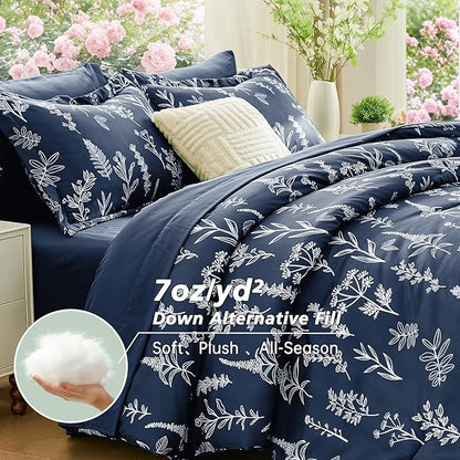 MUXHOMO Navy Blue Full Comforter Set, Elegant Floral Print Bed in a Bag 7 Pieces, Ultra Soft & Breathable Reversible Botanical Pattern Bedding Set with Comforter, Sheets, Pillowcases, and Shams