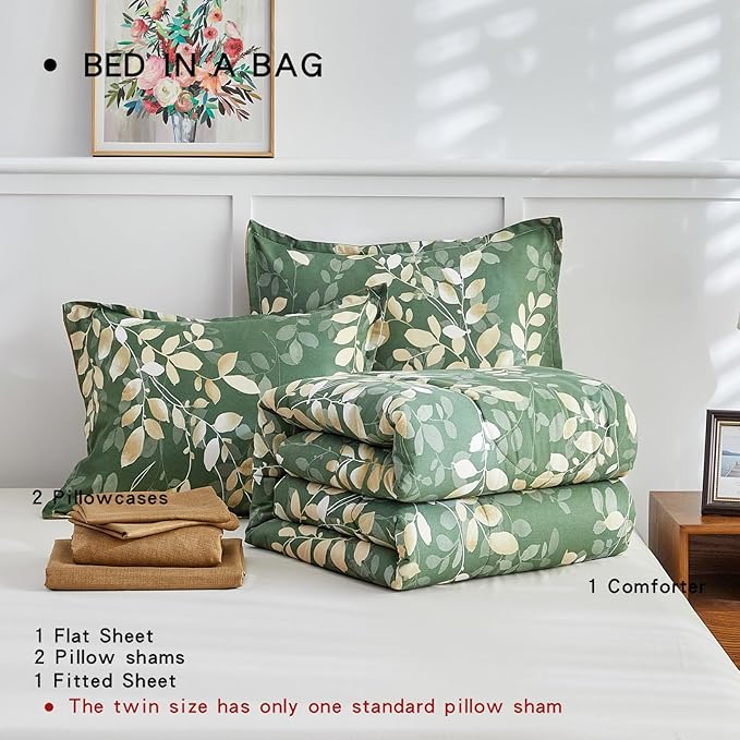 AIKASY 6-Piece Comforter Set Bed in a Bag, Twin Size, Green Leaf Pattern - Bedding Set with Comforter, Pillow Shams, Fitted Sheet, and Pillowcases - Soft and Cozy All-Season Bedding (Green)