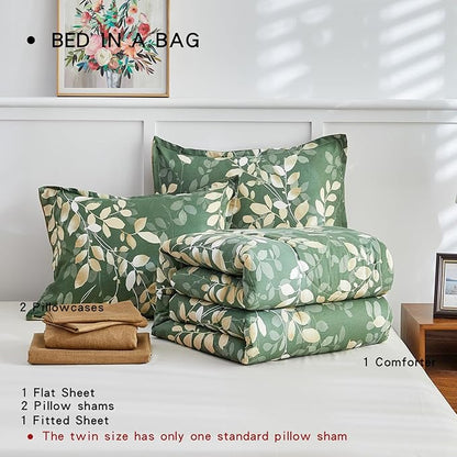 AIKASY 6-Piece Comforter Set Bed in a Bag, Twin Size, Green Leaf Pattern - Bedding Set with Comforter, Pillow Shams, Fitted Sheet, and Pillowcases - Soft and Cozy All-Season Bedding (Green)