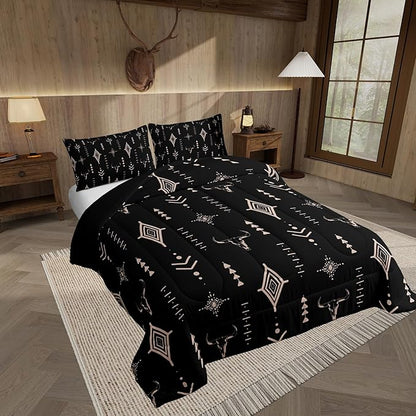 Feelyou Rustic Western Bedding Set Toddler Size Kids Western Tribal Bull Skull Comforter Adult Black Brown Boho Ethnic Aztec Cow Pattern Comforter Set