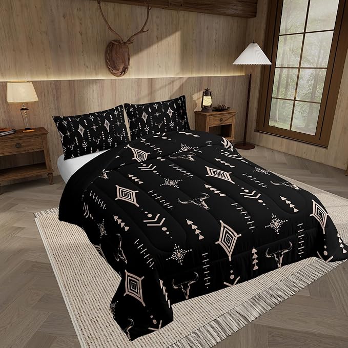 Feelyou Rustic Western Bedding Set King Size Kids Western Tribal Bull Skull Comforter Adult Black Brown Boho Ethnic Aztec Cow Pattern Comforter Set