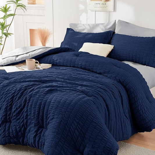 HYMOKEGE Navy Blue/Light Grey Full Size Comforter Sets Seersucker 7 Pieces, All Season Luxury Bed in a Bag for Bedroom, Bedding Set with Comforter, Sheets, Pillowcases & Shams