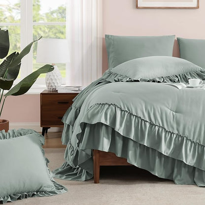 Queen Comforter Set Sage Green, Ruffle Shabby Chic Bedding Set Farmhouse 7 Pieces, All Season Fluffy Bed in a Bag with Sheets, Pillowcases & Shams