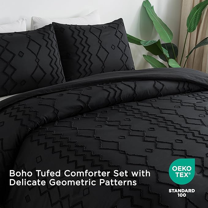 Andency Black Tufted Comforter Set King(104x90Inch), 3 Pieces(1 Tufts Comforter, 2 Pillowcases) Boho Textured Farmhouse Bed Set, Microfiber Down Alternative Geometric Bedding