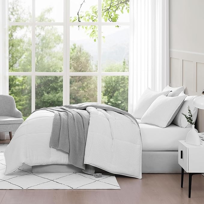 Casa Platino Fluffy Duvet Insert - Pre-Washed Hydro-Brushed 100% Microfiber Comforter Set - Comfy Bedding King Size - Ticking Stripe Silver