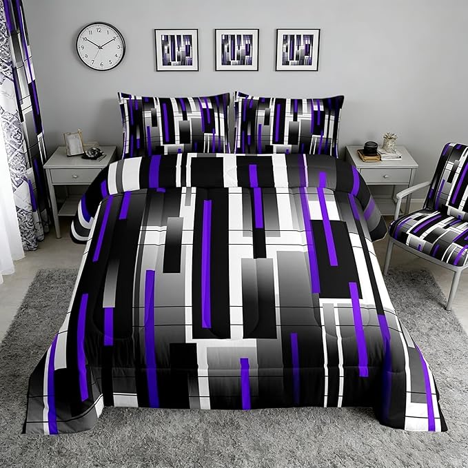Castle Fairy Abstract Comforter Set,Black Purple White Bedding Set for Kids Girls Women,Adults Modern Simple Comforter,Square Grid Quilted Duvet Set Bedroom Collection Twin Size 2Pcs