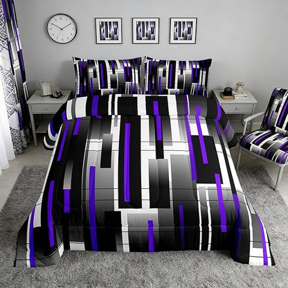 Castle Fairy Abstract Comforter Set,Black Purple White Bedding Set for Kids Girls Women,Adults Modern Simple Comforter,Square Grid Quilted Duvet Set Bedroom Collection Twin Size 2Pcs