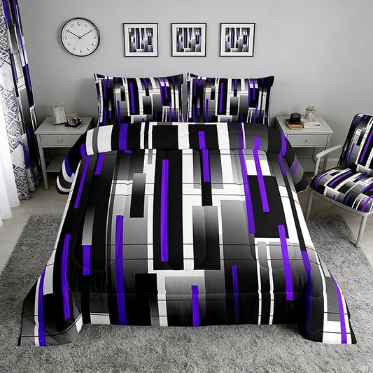 Castle Fairy Abstract Comforter Set,Black Purple White Bedding Set for Kids Girls Women,Adults Modern Simple Comforter,Square Grid Quilted Duvet Set Bedroom Collection Twin Size 2Pcs