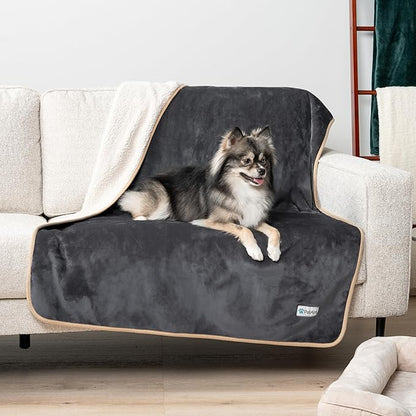 PetAmi Waterproof Dog Blanket for Extra Large Dogs, Pee Proof Pet Blanket for Bed Couch, Reversible Water Proof Blanket for Puppy Indoor Cat, Soft Dog Crate Cover Washable, Queen 90x90 Gray/Beige