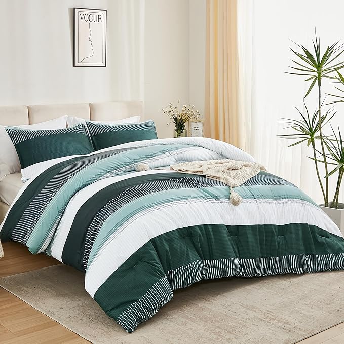 Litanika Dark Emerald Green King Bed Comforter Set, 3 Pieces Bedding Set, Colorblock Stripe Vintage Bed Set (104x90In Comforter & 2 Pillowcases)