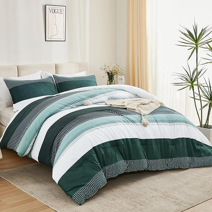 Litanika Dark Emerald Green Bed Comforter Full Set, 3 Pieces Hunter Green Bedding Set, Colorblock Stripe Vintage Style (79x90In Comforter & 2 Pillowcases)