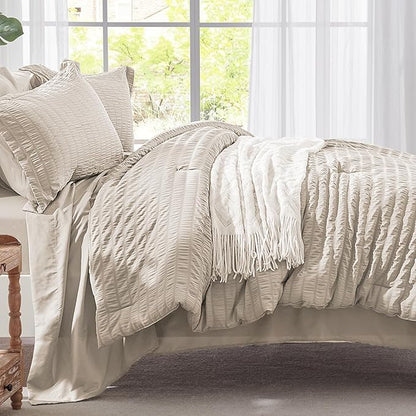 Zzlpp Twin Comforter Set 5 Pieces, Beige Seersucker Bed in a Bag with Comforter and Sheets, All Season Bedding Sets with 1 Comforter, 1 Pillow Sham, 1 Pillowcase, 1 Flat Sheet, 1 Fitted Sheet