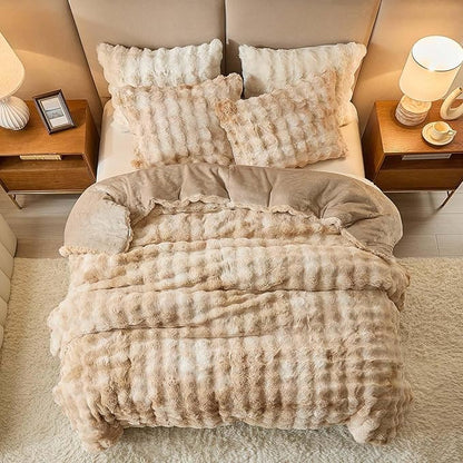 King Faux Rabbit Fur Comforter Set - 3 Pieces Fluffy Bedding Set Ultra Soft Warm Shaggy Winter Flannel Bed Set, Luxury Skin Friendly Sherpa Comforter Set & Pillow for Thanksgiving Tie Dye Coffee