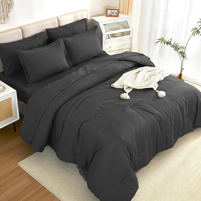 Litanika Comforter Full Size Set Dark Grey - 7 Pieces Bed in a Bag Full Bedding Comforter Sets, Plain Lightweight Bed Set with Comforter, Sheets, Pillowcases & Shams