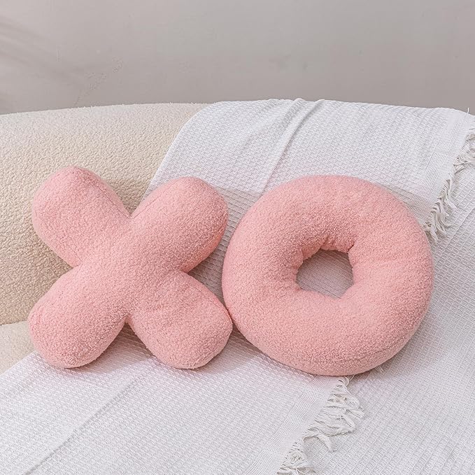 XO Pillow Plush, Pink Throw Pillows Valentine's Day Decorative Hugs and Kisses, Cute Pillows Romantic Home Décor for Sofa, Bedroom, Living Room 12.5x12.5 Inch Set of 2