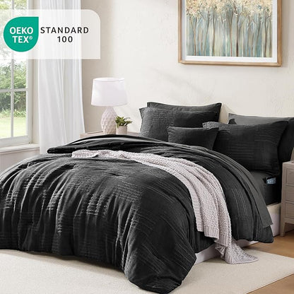 MaiRêve King Comforter Set Black, Textured Design Crinkle Bedding Sets 7 Pieces, All Season Bed in A Bag with Comforter, Sheets, Pillowcases & Shams