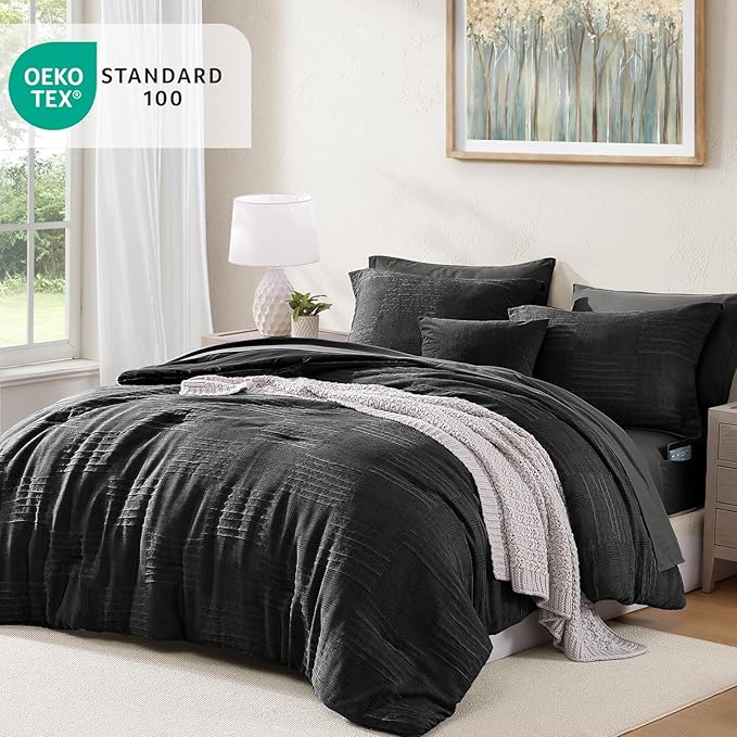 MaiRêve Full Size Comforter Sets Black, Textured Design Crinkle Bedding Sets 7 Pieces, All Season Bed in A Bag with Comforter, Sheets, Pillowcases & Shams