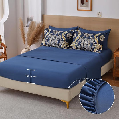WONGS BEDDING Blue Gold Comforter Set King Size, Damask Texture 7 Pieces Bed in a Bag Microfiber Comforter Bedding Sets -1 Comforter, 1 Flat Sheet, 1 Fitted Sheet, 2 Pillow Shams, 2 Pillowcases