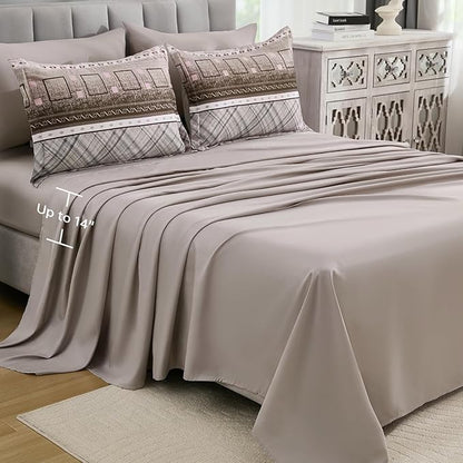 WONGS BEDDING King Size Comforter Set 8 Piece, Texture Striped Bed in a Bag Brown Comforter and Sheet Set, Boho Lightweight Microfiber Bedding Set for All Season (90"×104")