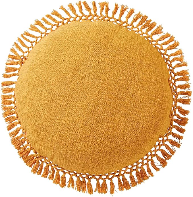 Indigo Ink - Decorative Throw Pillows for Couch or Bed, Boho Home Décor Round Cotton 20" x 20" Pillow with Tassels (Tufted Medallion Collection, Yellow)