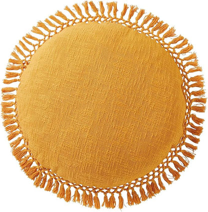 Indigo Ink - Decorative Throw Pillows for Couch or Bed, Boho Home Décor Round Cotton 20" x 20" Pillow with Tassels (Tufted Medallion Collection, Yellow)