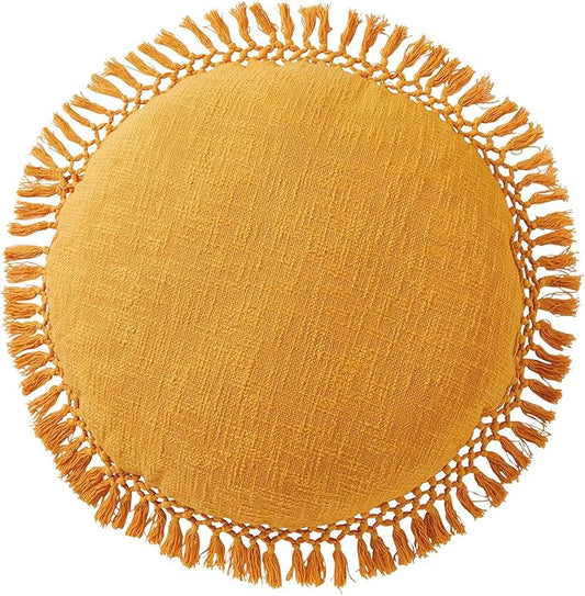 Indigo Ink - Decorative Throw Pillows for Couch or Bed, Boho Home Décor Round Cotton 20" x 20" Pillow with Tassels (Tufted Medallion Collection, Yellow)
