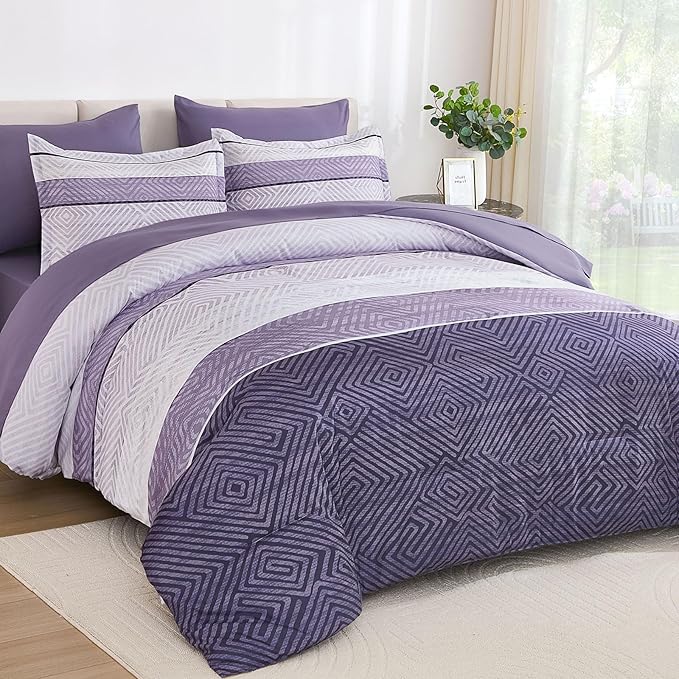 Drucon Purple Comforter Set Queen Size 7 Piece Bed in a Bag, Boho Striped Bedding Set, Soft Microfiber Comforter and Sheet Set for All Season (Queen, 90"x90")