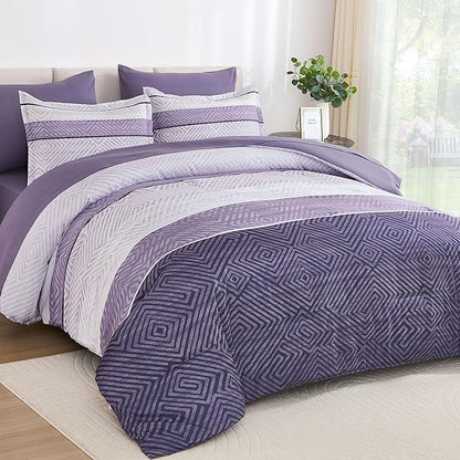 Drucon Purple Comforter Set Queen Size 7 Piece Bed in a Bag, Boho Striped Bedding Set, Soft Microfiber Comforter and Sheet Set for All Season (Queen, 90"x90")